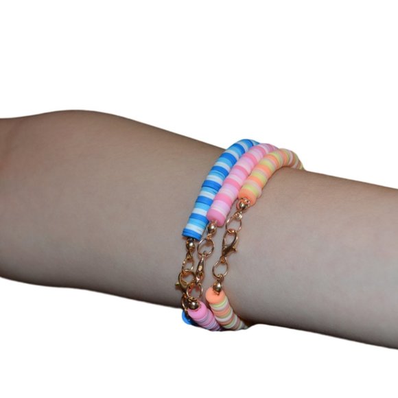 Handmade Set/3 Clay Rubber Beads Elastic Kids Bracelet Blue Pink 3" length/half - Picture 3 of 15